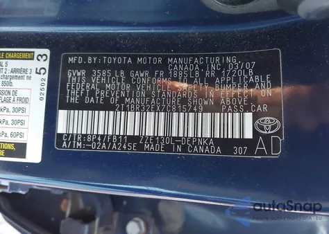 2007 Toyota Corolla Le from USA, damaged, VIN 2T1BR32EX7C815749